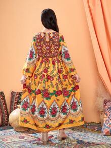 Tween Girl Pattern Holiday Casual Rose Retro Print Long Dress - Multicolor - View 2