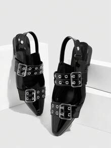 Cuccoo CUCCOO GRLICON Black Pointed Toe Casual Flats With Straps And Buckle, Motorcycle Style Comfortable Slip-On Shoes For Women Valentine's Day