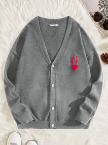 Manfinity VCAY Men's Casual Heart & Letter Jacquard Knit Long Sleeve Cardigan, Autumn/Winter