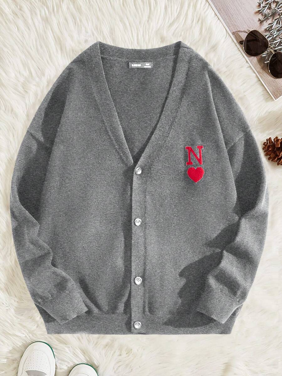 Manfinity VCAY Men's Casual Heart & Letter Jacquard Knit Long Sleeve Cardigan, Autumn/Winter