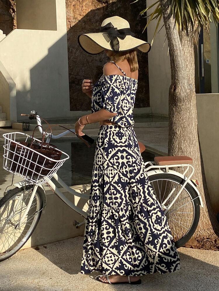 Bohemian Style Beach Vacation Floral Print Off Shoulder Two Pieces Set For Women Cruise Outfit For Women