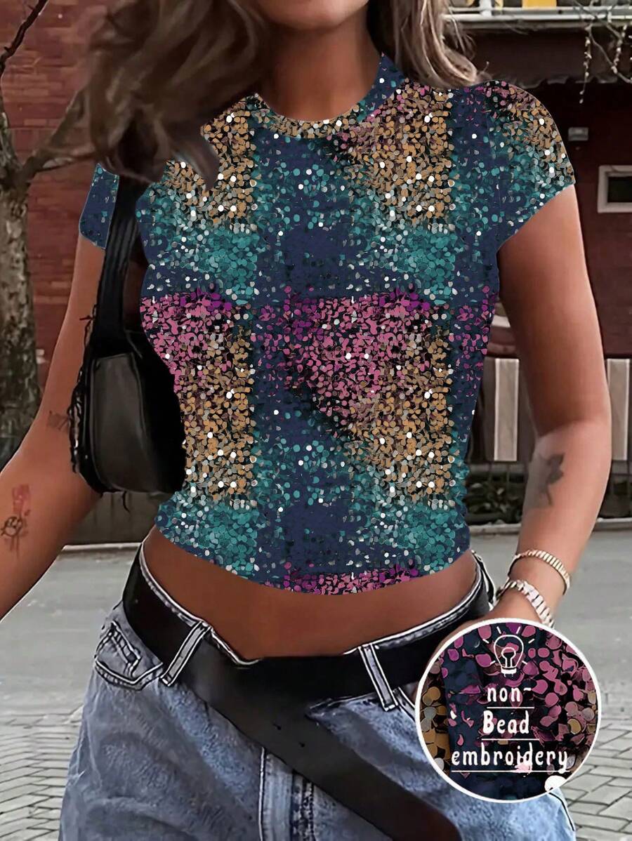 Warp Atelie Artist 1 件女式亮片印花短袖 T 恤，Y2K 街头时尚风格，修身上衣，节日，新年，春季，节日 - 彩色 - 查看 1