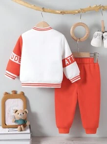 SHEIN 2pcs/Set Baby/Toddler Autumn/Winter Sporty Stylish Baseball Jacket And Casual Long Pants Outfit, Suitable For Outdoor Activities - Orange - View 2