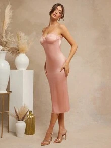L'Amorae Women's Elegant Dusty Pink Satin Lace Trim Fitted Camisole Bustier Midi Dress,Summer Party Prom Wedding Valentine's Day Long Dress For Evening - Black - View 3