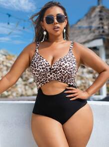 Slaydiva Plus Size Women's 1-Piece Sexy Underwire Casual Holiday 3D Leopard Print Crisscross Strap Swimsuit For Summer Beach Vacation