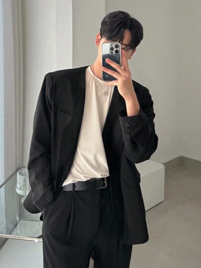 DAZY 男士无领黑色时尚百搭休闲西装外套，适合通勤、秋季服装