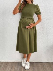 SHEIN Puff Sleeve Fitted Maternity Dress, Elegant Dress - Army Green - View 6