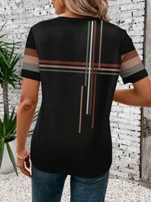 SHEIN LUNE Casual Striped Pattern Round Neck Short Sleeve T-Shirt For Women, Suitable For Spring/Summer Suitable For Going Out - Multicolor - View 2