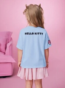 HELLO KITTY AND FRIENDS | SHEIN T-shirt court décontracté et polyvalent avec imprimé nœud papillon et chat pour jeune fille, en bleu - Bleu azur - Voir 2
