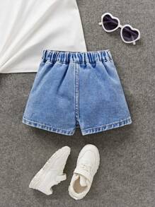 SHEIN Baby Girl's Spring Summer Boho Cute Pleated Skirt, Ruffle Trim Wrap Elastic Waist Comfortable Soft Denim Skorts Jeans Shorts - Medium Wash - View 2