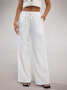 SHEIN BAE Women's White Solid Color Front Tie Pocket Embroidered Casual Loose Wide Leg Pants, Suitable For Daily, Vacation, Spring/Summer - White - View 6