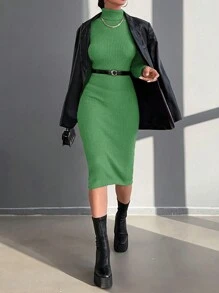 RueChic Turtleneck Ribbed Knit Sweater Dress Without Belt - Mint Green - View 4