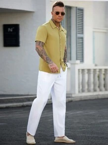 Manfinity Homme Men's Solid Color Button Front Short Sleeve Shirt And Pocket White Pants 2 Pieces Set - Multicolor - View 6