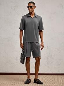 AKNOTIC Business Casual 2pcs/Set Men's Slim Fit Notch Collar Casual Polo Shirt Set, Suitable For Summer