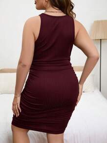 SHEIN Privé Đầm suông không tay màu trơn cỡ lớn ôm vừa vặn thường ngày - Màu Đỏ Sâu - Xem 2