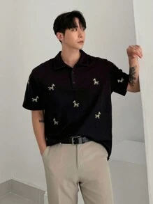 DAZY Men's Casual Polo Shirt With Cartoon Embroidered Pony Pattern, Suitable For Commuting Fall - Black - View 1