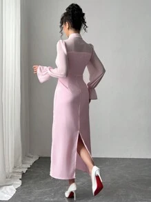 Rafferiza 雪纺长袖优雅珠饰修身连衣裙，适合正式场合和日常穿着 - 粉色 - 查看 2