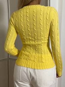 SHEIN EZwear Women's Casual Minimalist Embroidered Detail Sweater,Tops For School In Fall/Winter - Yellow - View 2