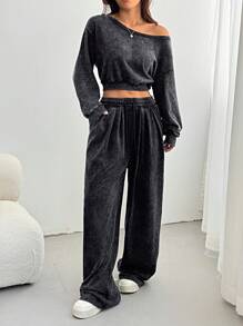 SHEIN EZwear 2pcs/Set Women's Summer Casual Asymmetric Hem Cropped Top And Pants Matching Set
