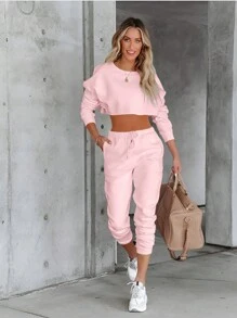 SHEIN Essnce Damen Locker Lässiger Langarm Sport 2 Teiliges Set - Pink - Übersicht 4