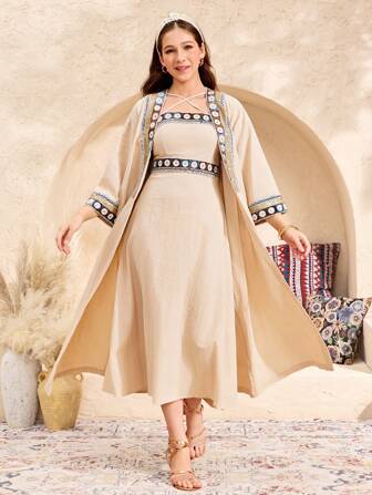 SHEIN 少女两件套：金色/米色奢华纯色梭织拼接无袖 A 字裙 + 中袖夹克，波西米亚风，优雅复古风格