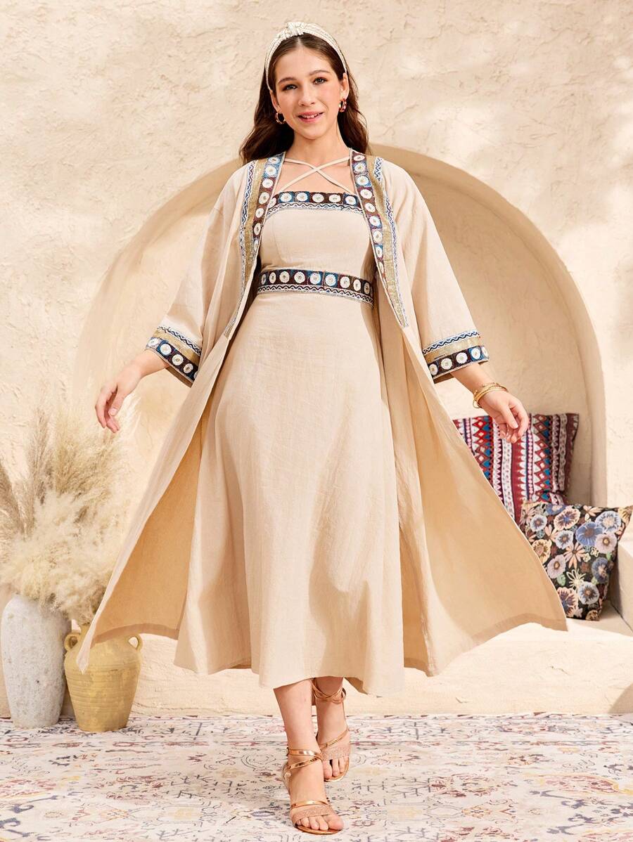 SHEIN 少女两件套：金色/米色奢华纯色梭织拼接无袖 A 字裙 + 中袖夹克，波西米亚风，优雅复古风格