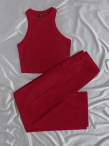 SHEIN Essnce 2 件套女士针织背心和裤子套装 - 玫瑰紅 - 查看 4
