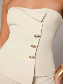 Silquee Áo khoác blazer trễ vai cho nữ, màu trơn cao cấp, trang trí khóa kim loại màu be, áo vest đi làm bằng kim loại vàng bất đối xứng, có lót, thanh lịch và thời trang, trang phục công sở giản dị, trang phục công sở mùa xuân và mùa hè cho nữ, áo khoác blazer ống kiểu vest cho nữ, thiết kế không viền thông thường, áo nghệ thuật cho nữ, chỉ có thể kết hợp áo với quần, bộ 2 món cho nữ - Màu be - Xem 4