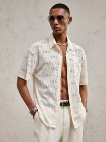 AKNOTIC Business Casual 男士修身提花针织短袖休闲衬衫，适合日常穿着、夏季、度假、聚会、情侣装 - 白色 - 查看 5