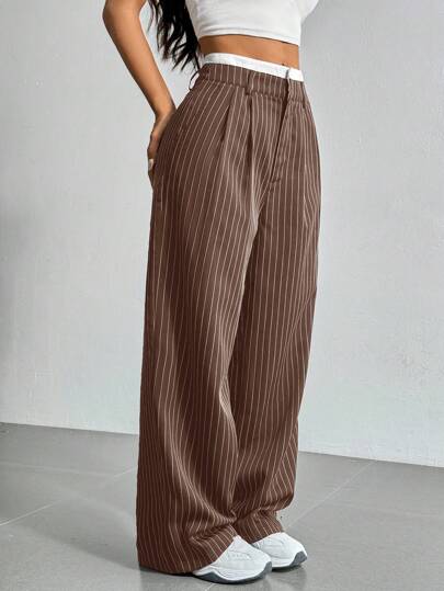 SHEIN EZwear Casual Striped Waistband Wide Leg Suit Pants In Fall/Winter