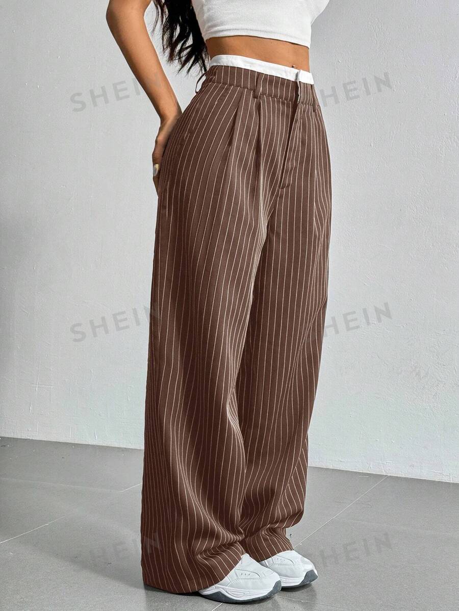SHEIN EZwear Pantalones de traje de pierna ancha con cintura a rayas casual