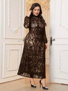 Modelyn Plus Size Women Elegant Round Neck Velour Dress Long Evening Dresses