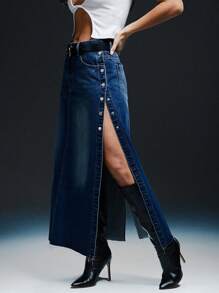 Denimoi High Side Slit Snap Button Maxi Skirt - Medium Wash - View 1
