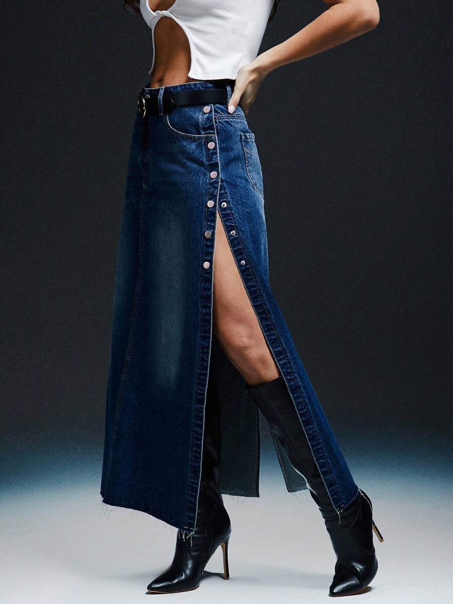 Denimoi High Side Slit Snap Button Maxi Skirt - Medium Wash - View 1
