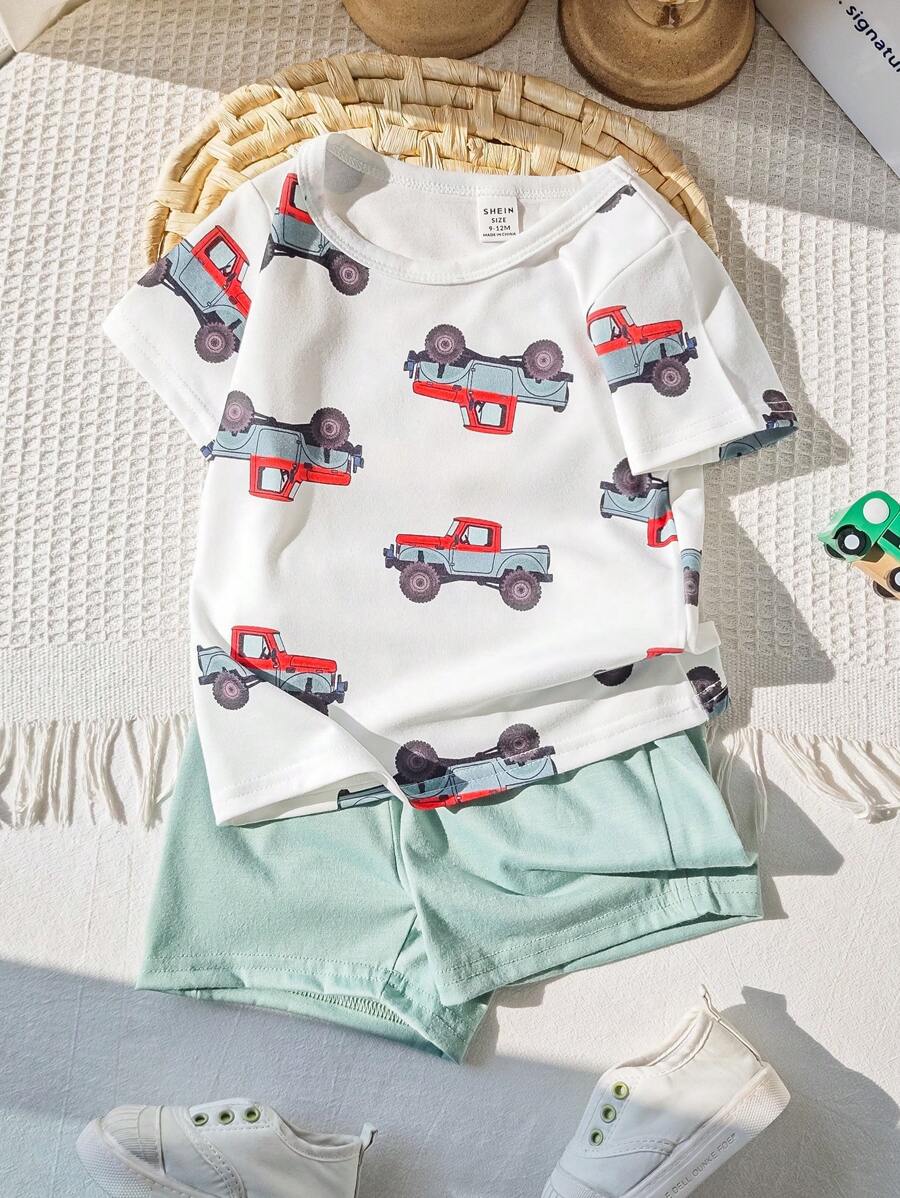 2pcs/Set Toddler Unisex Cute Cartoon Car Print Top And Gray/Green Shorts Outfit, Perfect For Baby Boy To Wear In Summer For All Occasions - Multicolor - View 1