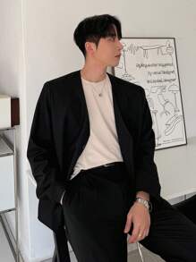 DAZY Chaqueta casual versátil sin cuello negra de moda para hombre, ropa de otoño para ir al trabajo