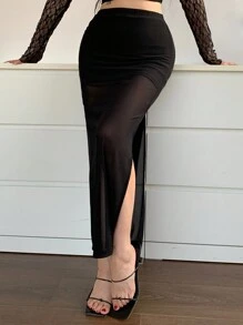 DAZY 女士透视网纱拼接高开衩紧身半身裙，性感约会之夜 - 黑色 - 查看 10