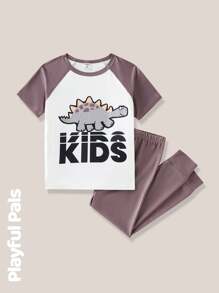 SHEIN 2pcs Young Boy Dinosaur Print Contrast Color Short Sleeve Tight Pajama Set - Multicolor - View 3
