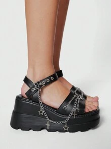 ROMWE Grunge Punk 女士黑色摇滚朋克哥特式凉鞋，夏季露趾链罗马礼服派对鞋，星形厚底坡跟凉鞋