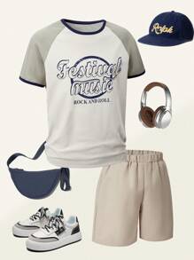 SHEIN Set de 2 piezas para niños mayores que incluye camiseta de manga corta con estampado vintage americano y pantalones cortos casuales a juego