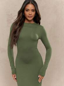 MISSGUIDED 精致的形式-合身长袖马克西晚礼服紧身衣地板长度优雅的礼服派对正式场合高领拉伸 - 軍綠色 - 查看 3