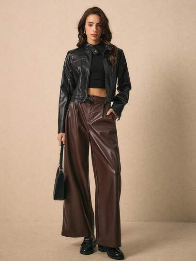 Poéselle 女士纯色前扣口袋休闲仿皮裤，商务休闲女士，外出装，适合日常、街头、通勤、约会、派对等场合穿着，商务休闲女士