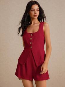 Poéselle Summer Linen Suit, Two-Piece Suit, Business Casual Suit, Comfortable And Breathable Fabric, Suitable For Daily Commuting Out Of The Street Wear Women's Summer Casual Solid Color Vest And Shorts Suit Two Piece Short Set