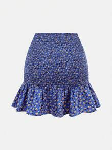 SHEIN Girlism Teen Girls Casual Blue Ditsy Floral Off Shoulder Ruffle Bow Decor Cropped Top And Ruffle Hem Skirt 2 Pieces Outfit Set, Spring/Summer, Vacation - Blue - View 6