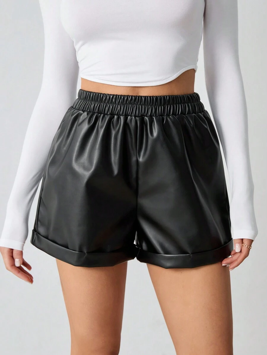 SHEIN Tall Women's Solid Turn-Up PU Leather Shorts - Black - View 1