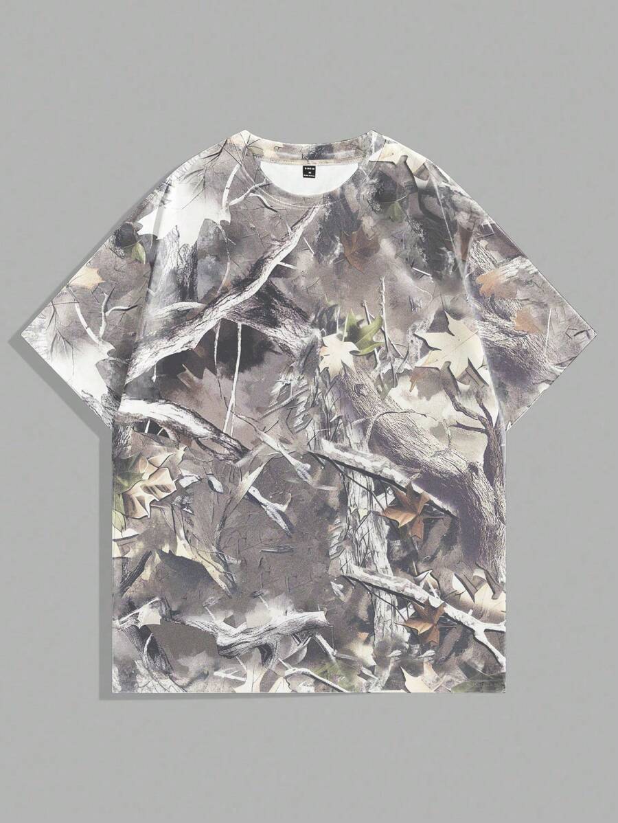 Manfinity Hypemode 男士圆领短袖全印花简约 T 恤，休闲日常穿着 - 彩色 - 查看 1