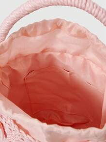 ROMWE Kawaii Women's Woven Bow Decor Large Capacity Tote Pink Bag, Fashionable For Daily Travel
