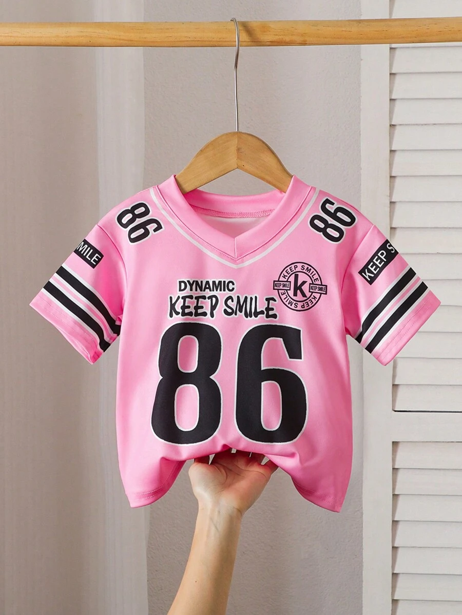 SHEIN Playful Pals 女婴 V 领运动衫，休闲字母印花，玫瑰红/粉色/黑色 - 彩色 - 查看 1