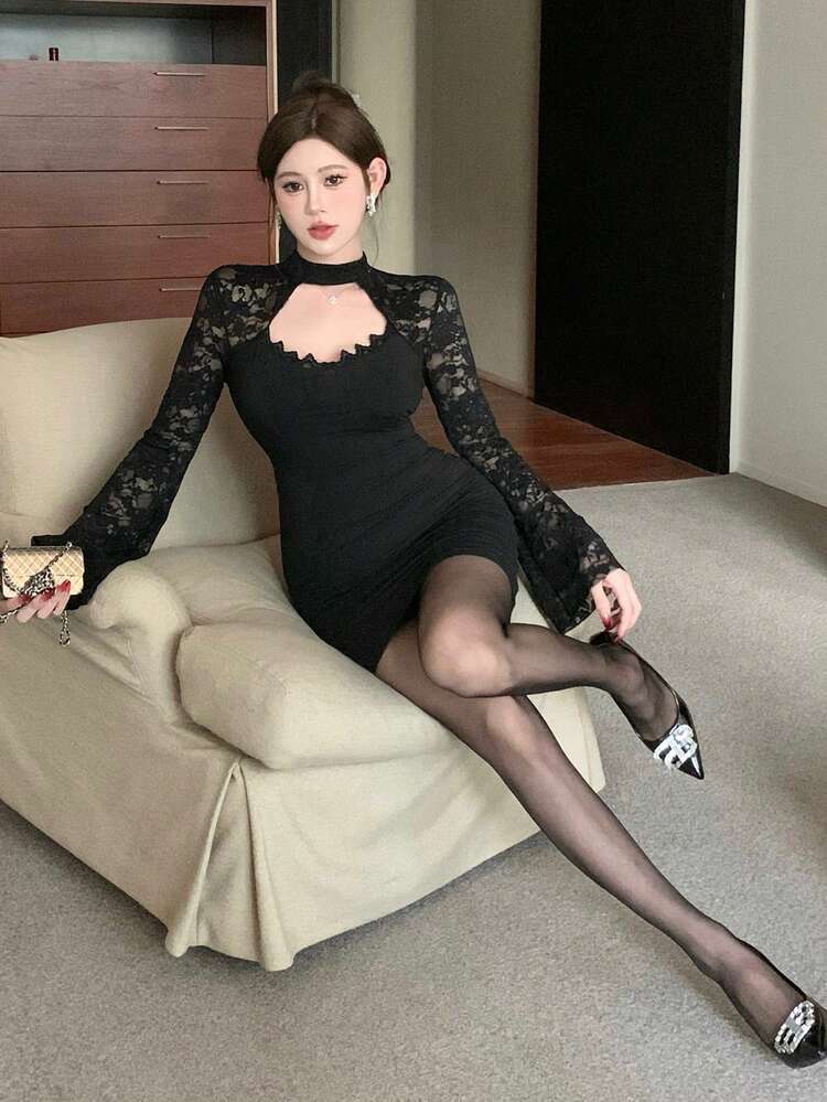 Lace Patchwork Hollow Out Flare Sleeve Sexy Cocktail Mini Dress For Women,Fall Dress Long Sleeve Dress