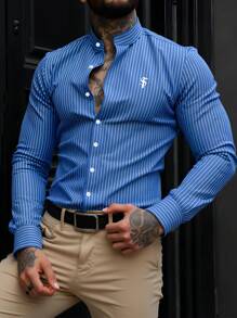 Manfinity Bizformal 男士立领前扣条纹休闲商务衬衫，纽扣男士衬衫男士修身衬衫男士精美衬衫男士正装衬衫